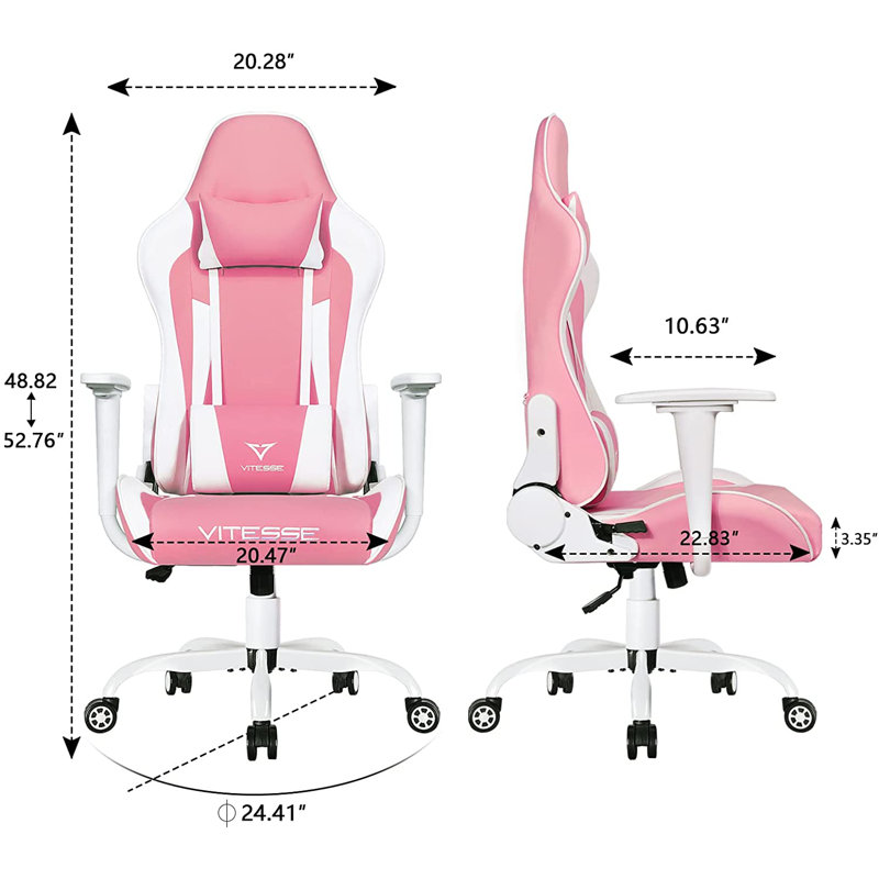 Fauteuil de jeu ergonomique pour ordinateur avec support et appui-tête de 330 lb, Rose, H 52,76 po x l 20,28 po x P 22,83 po