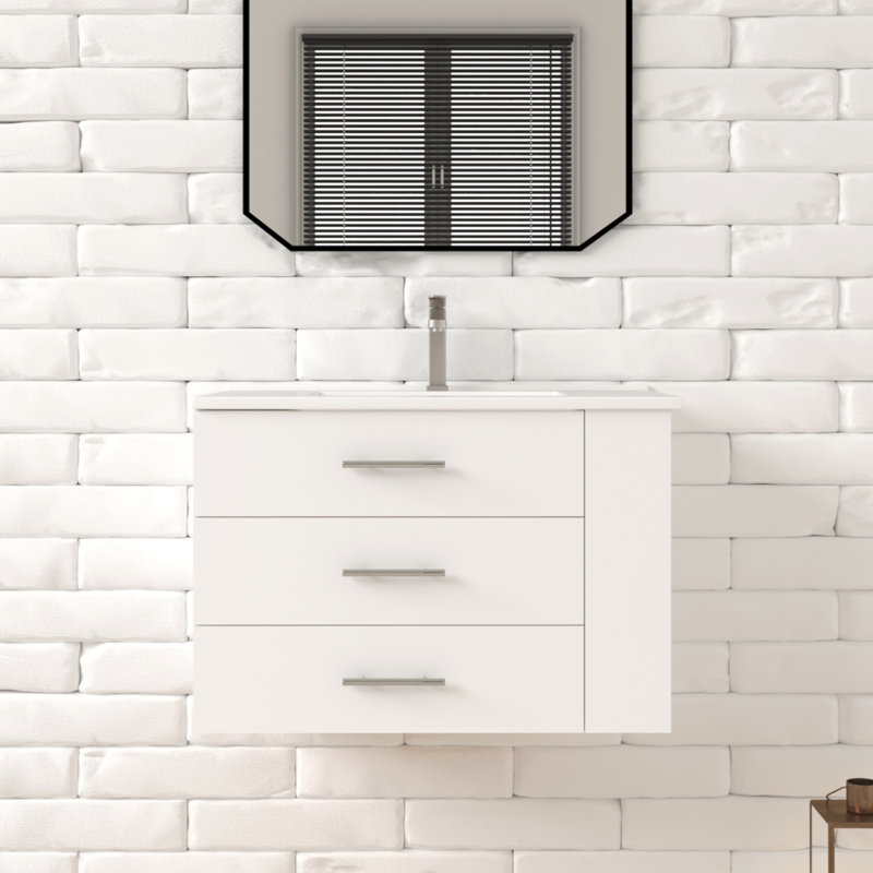 Aurilla 30 in. Single Sink Wallmount Bath Vanity with White Ceramic Countertop in Matte White with Right Side Shelf, White