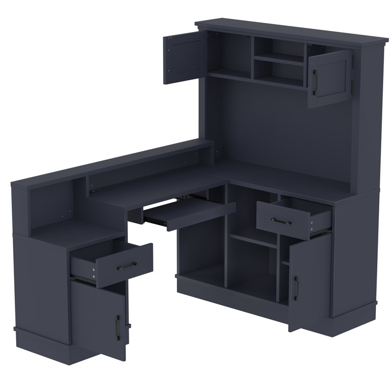 L-Shaped Computer Desk With Outlet, Drawers, Bookshelf, Modern Corner Desk, L-Shaped Study Table Writing Desk,Corner Gaming Computer Desk With Storage,Blue