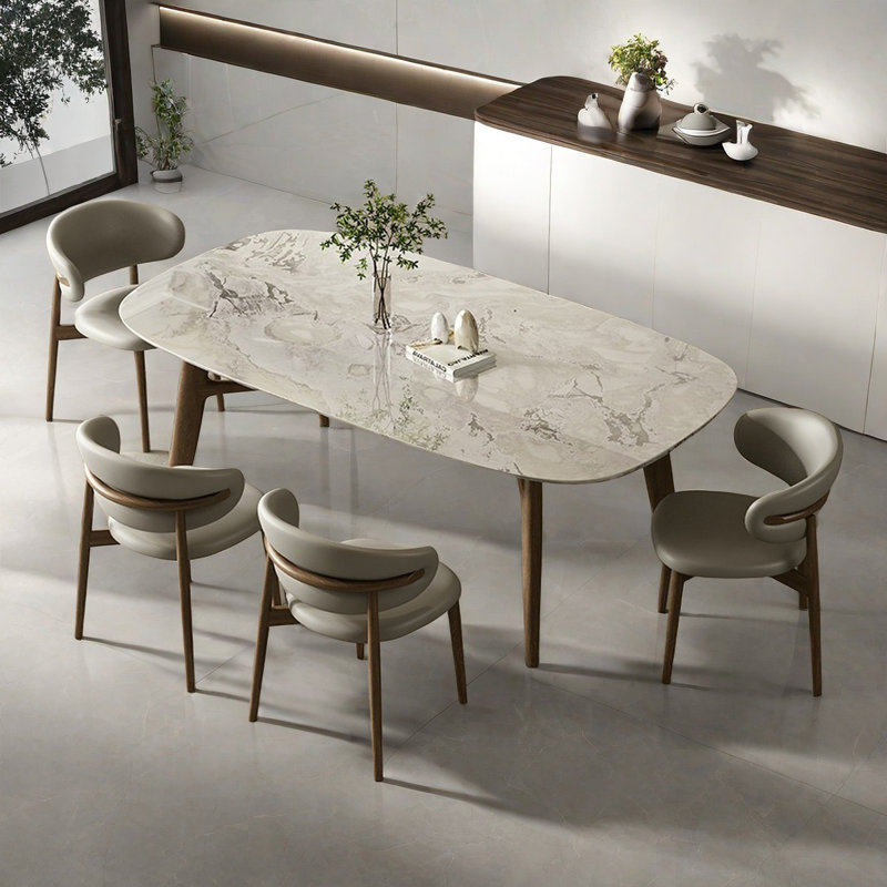 Elegant Natural Marble Dining Table Set, 29.9"H x 70.9"L x 35.4"W
