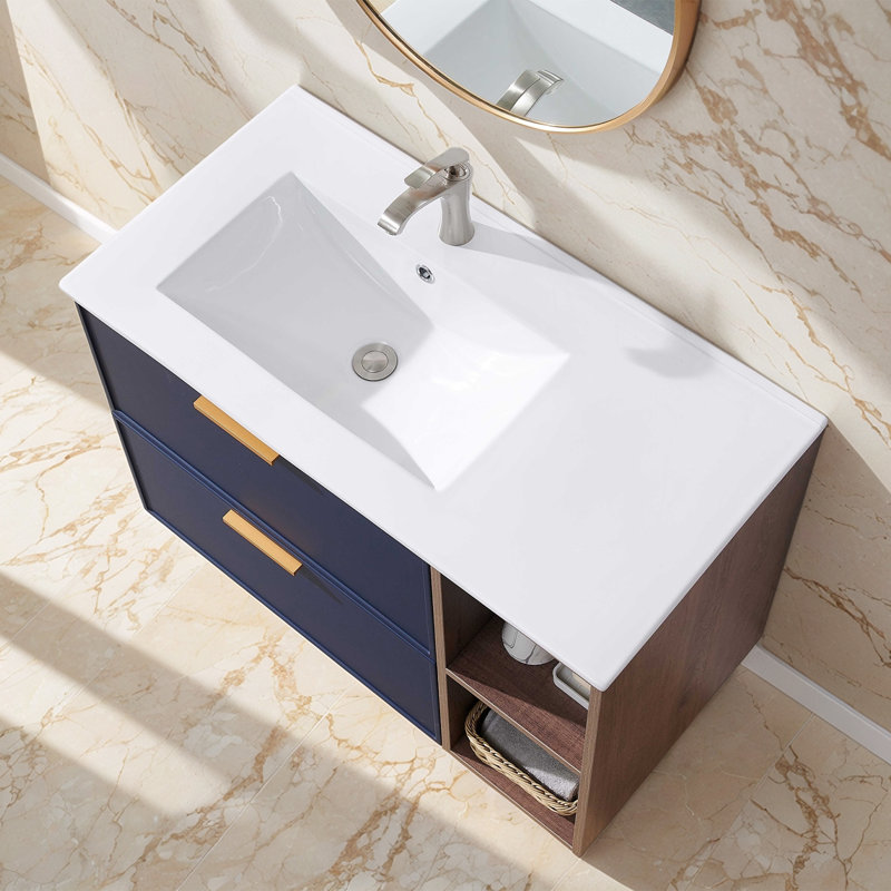 Ensemble de meuble-lavabo mural moderne bleu 36 po