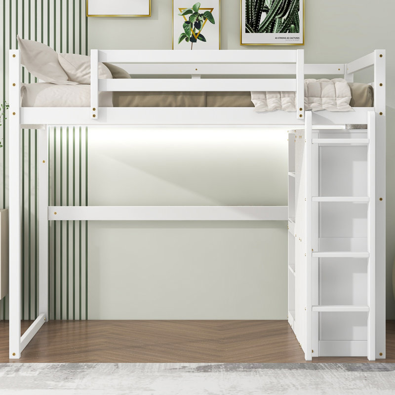 Lit mezzanine double en bois avec garde-robe intégré et tablettes de rangement, lumière DEL, blanc