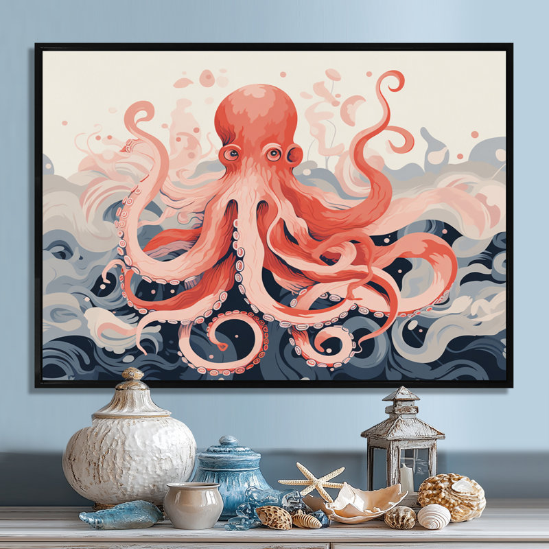 Octopus Queen on the Waves Retro Illustration - Octopus / calmar animal, art mural, Toile flottante noire encadrée