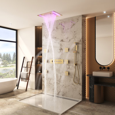 Système de douche thermostatique à 5 fonctions avec douchette à main, 6 jets corporels, lumière DEL et barre coulissante