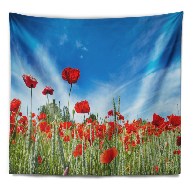 Tapisserie «Red Poppy Garden Under Clear Sky», H 32 po x l 39 po
