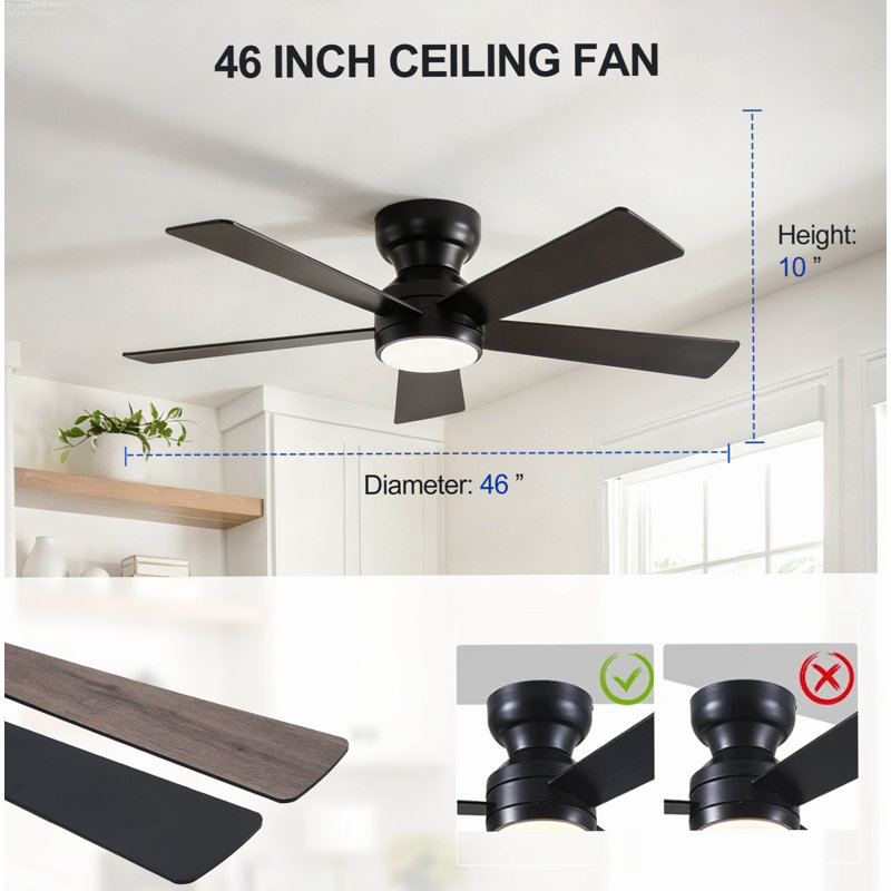 Ventilateur de plafond contemporain réversible à télécommande à 5 pales et 6 vitesses de 46 pouces avec ensemble de lumières DEL noir mat