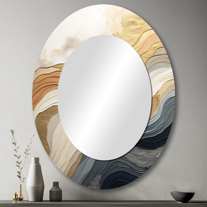 Blanc et bleu Coastal Waves Fusion - Grand miroir mural ovale sur métal, 43 po x 33 po