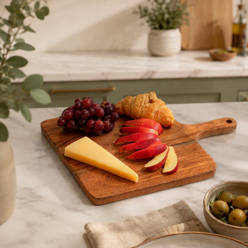 Planche à découper en bois d'acacia avec poignée, planche de cuisine et de service polyvalente pour le pain, le fromage, les fruits et les légumes, planche à découper artisanale en bois, 30,5 x 2 x 40,5 cm