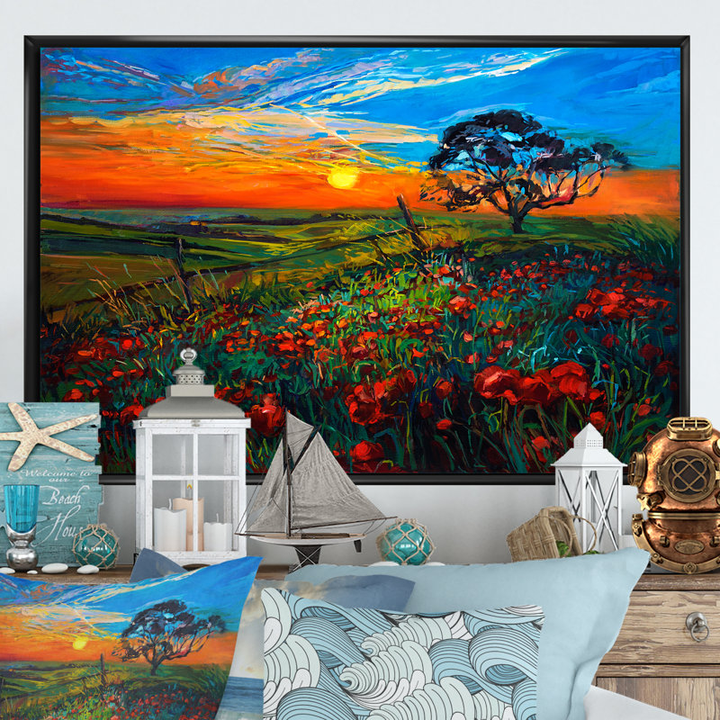 " Red Poppy Fields ", 8" H x 12" W x 1" D, Black Floater Framed Canvas