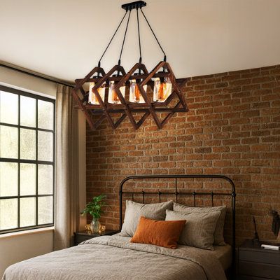 Luminaire suspendu industriel en bois à 4 lumières à hauteur réglable avec abat-jour en verre