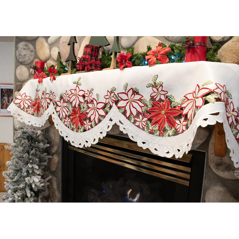 Large Poinsettia Cut Work Ivory Mantel Scarf 