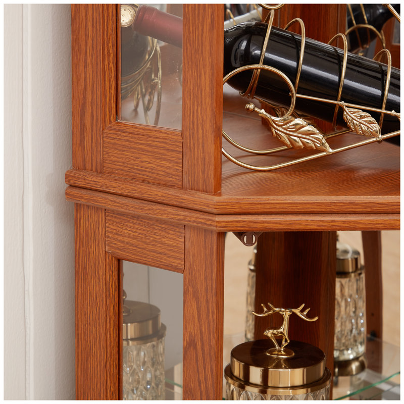 Corner Glass Cabinet Lighted Curio Cabinet Corner Display Case For Living Room, Curio Cabinet, Antique Collection, Wine,Bar Glass Storage Light Included, Dark Oak