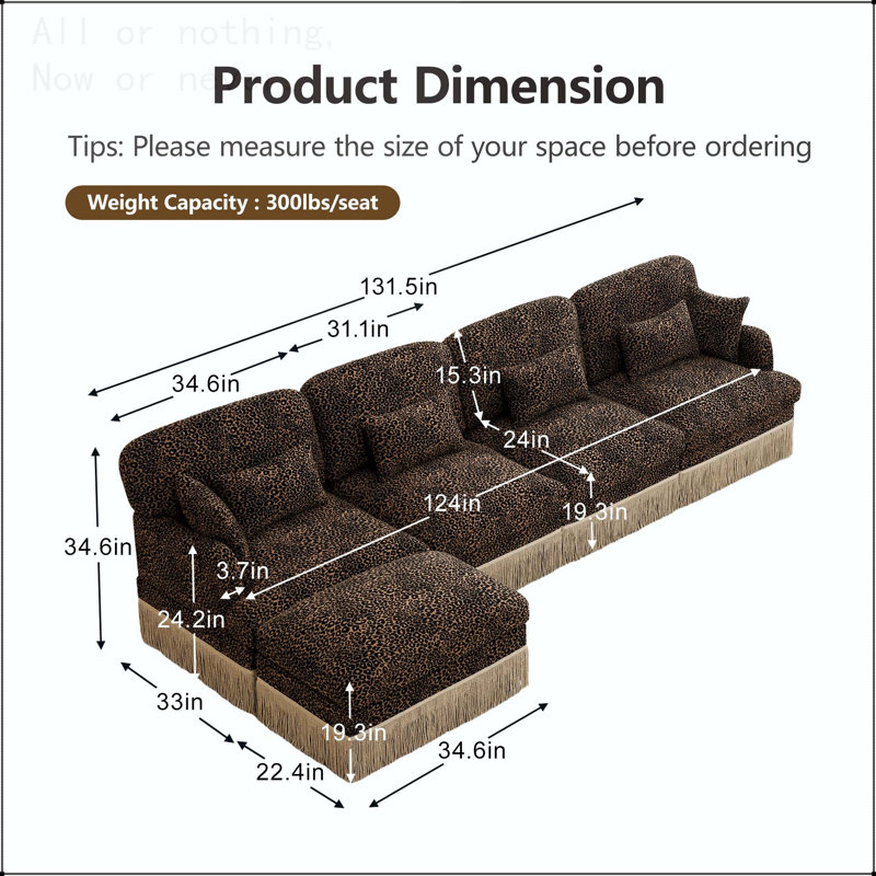 Canapé modulaire en chenille à imprimé léopard, 4 Seat L-Shaped, Brown Chenille