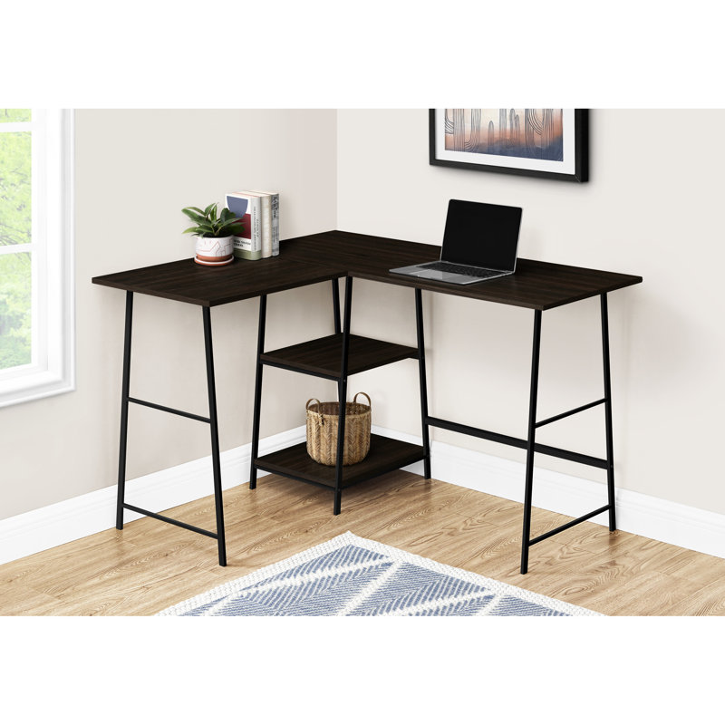 Bureau à domicile en L avec rangement fonctionnel, l 48 po, stratifié brun, métal noir, ordinateur de style contemporain à utiliser, options de rangement