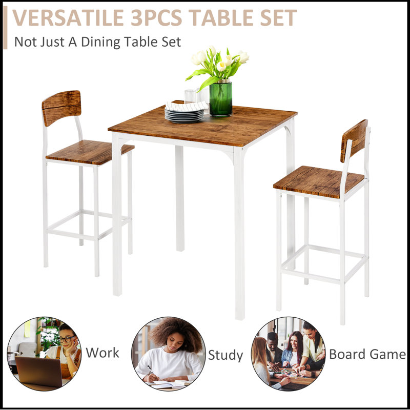 Industrial White Pub Table Set with 2 Chairs