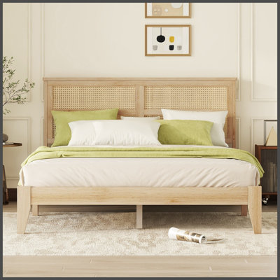 Queen Size Rubber Wooden, Solid Wooden Bed with Rattan Headboard, Enhanced by Support Feet,Natural