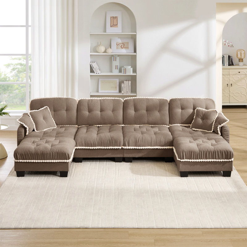 Chenille Cloud U-Shaped Sofa With 4 Pillows, Movable Ottoman Pom-Pom Trim Quilted Tufted Cushion Ergonomic Design, Easy Assembly Deep Seat Couch For Living Room Office, Apartment