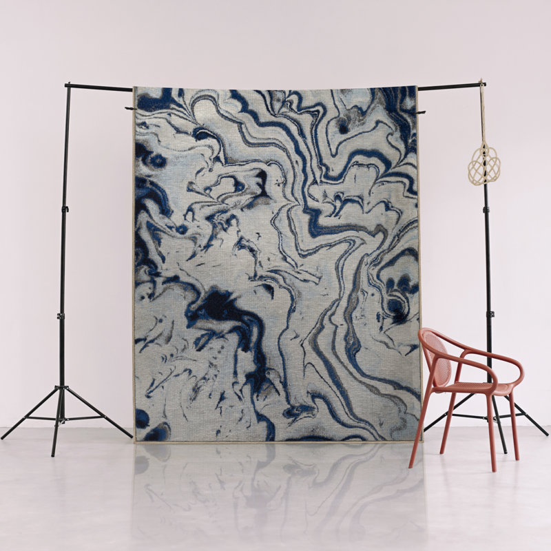 Tapis décoratif moderne à motif abstrait bleu et beige, Rectangle 4 pi 7,12 po x 6 pi 6,74 po