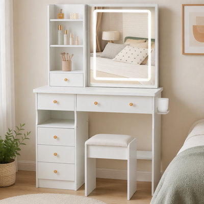 Ensemble de meuble-lavabo de 36,4 po de hauteur avec tiroir rembourré, prises CA et ports USB, support pour sèche-cheveux et grand miroir à DEL coulissant 3 couleurs