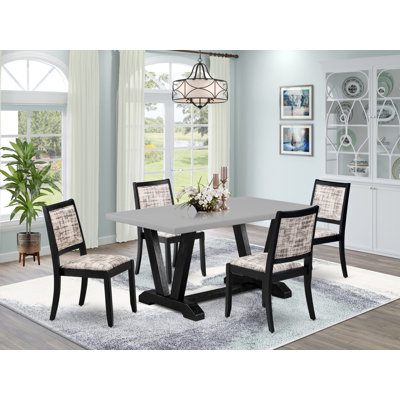 5-piece kitchen table set consists of a table with tabletop and 4 stackable chairs with White and Gray Pattern Polyester Fabric - Wire-brushed Black