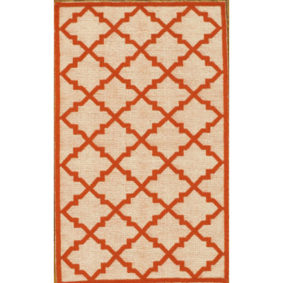 Tapis géométrique beige / rouge en laine et en coton à motif géométrique fait à la main 5 pi x 8 pi Rennert