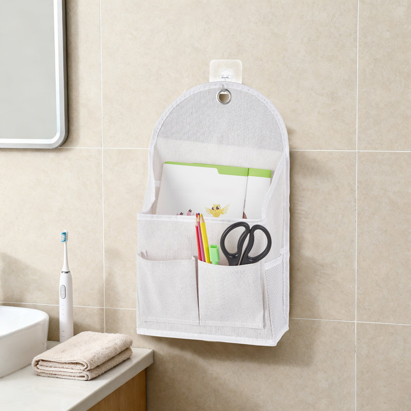 4 sacs de rangement muraux avec revêtement imperméable, base en PVC, double poches avant et filet latéral, organisateur en lin de coton