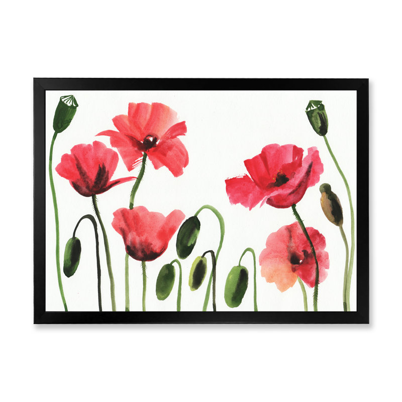 Coquelicots rouges rétro - peinture sur toile, H 12 po x l 20 po x p 1 po, Cadre noir