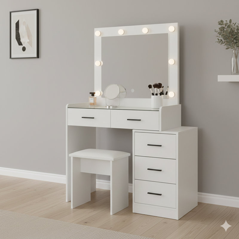 An Adjustable Dressing Table In White Color, Featuring Five Drawers.
