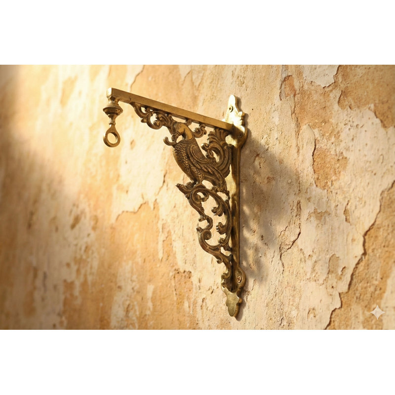 Ornate Peacock Solid Brass Wall Bracket, 8.5-Inch Decorative Shelf Support