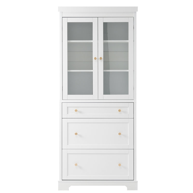 70.1" High Freestanding Bathroom Vanity With 3 Drawers, 2 Adjustable Shelves, Waterproof Paint And Quiet Soft Close Doors Gold Zinc Alloy Handles Glass For Organized Storage
