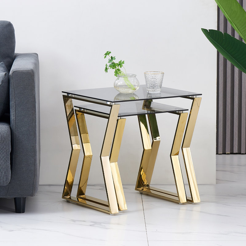 Set of 2 Nesting Glass End Tables with Angled Metal Frames , Gold Base&Dark Top
