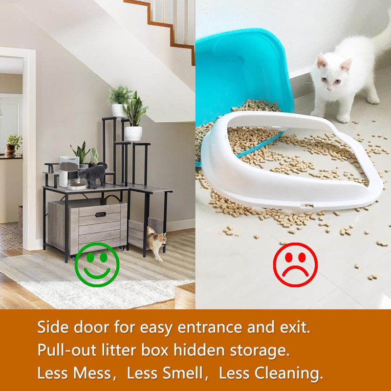 Litter Box Enclosure Cat Tree with 6 Storage Shelves and Pullable Carring Tray, Gray