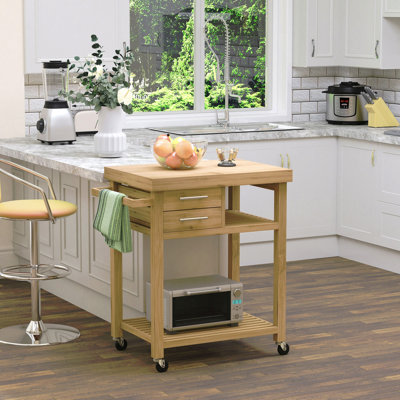 Bamboo Kitchen Island Cart on Wheels, Utility Trolley Cart with 2 Storage Drawers and Open Shelves, Bamboo Tone