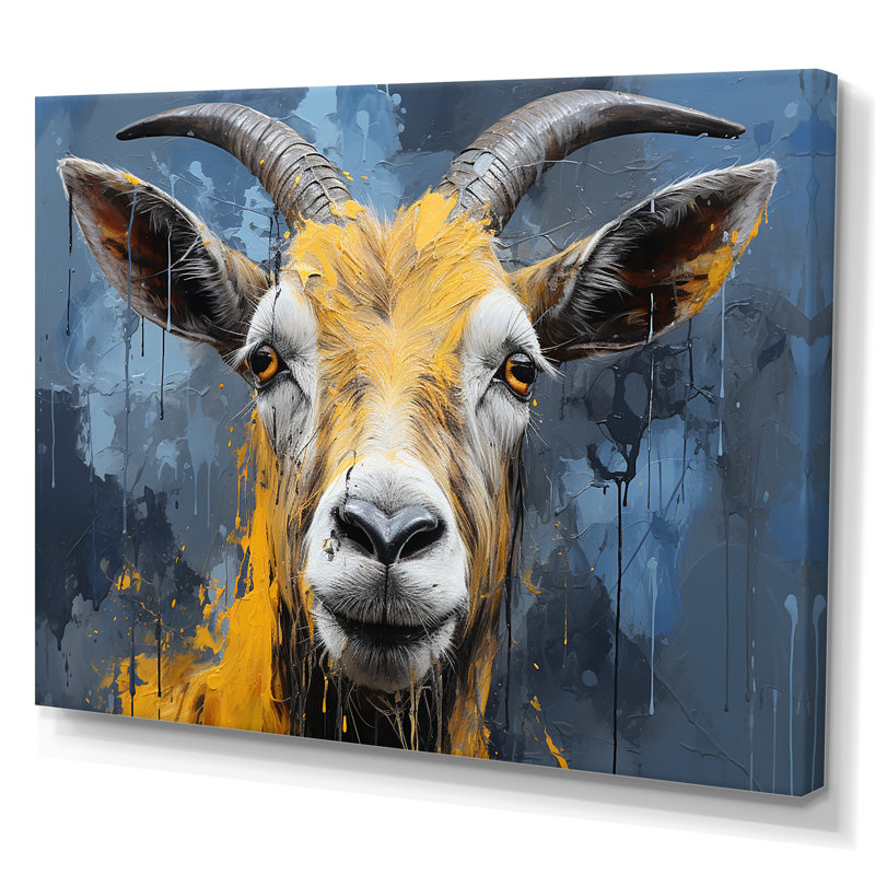 Chèvre jaune et bleu, prairie, portrait, art mural, Toile tendue, H 24 po x l 32 po x P 1 po