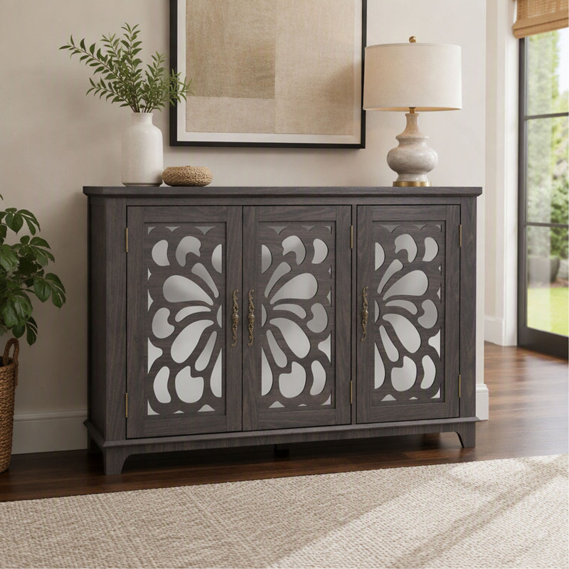 Buffet de 125,3 cm (49,33 pouces) avec 3 portes miroir et étagères réglables, meuble de rangement fini brun pour salon et salle à manger