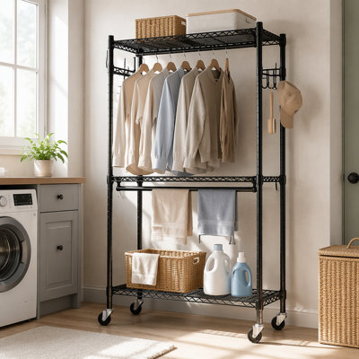 Black 80.77‑inch freestanding metal garment rack,rolling heavy‑duty closet rack,3‑tier wire shelf with two hanging rods and side hooks