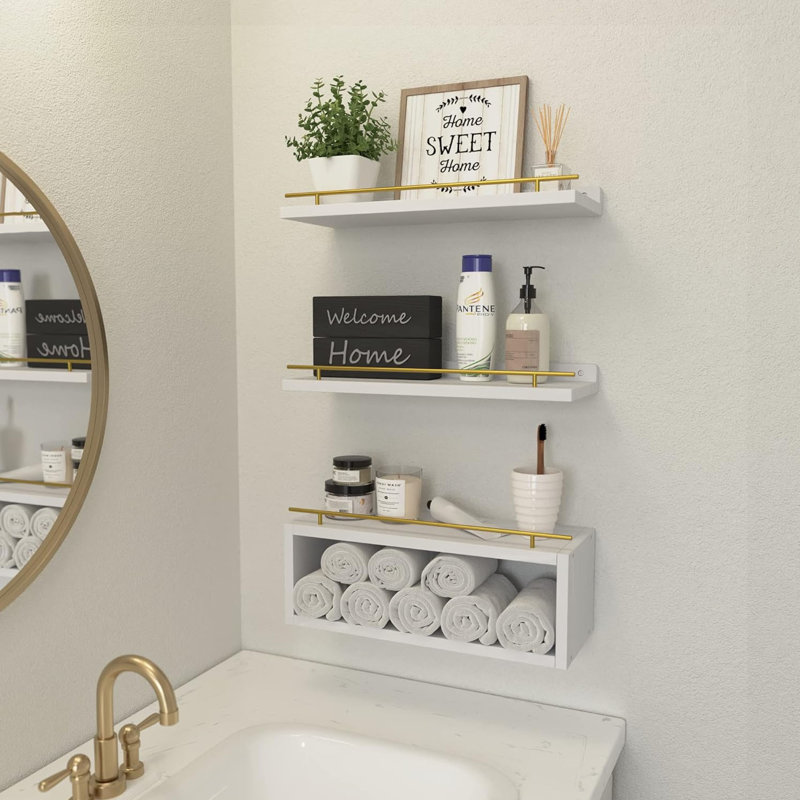 Floating Shelves, 3 Pcs, White/gold