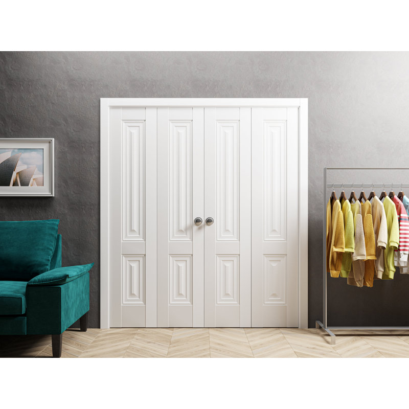 Portes coulissantes doubles pliantes pour placard 96 x 96 (4 x 24 x 96) Lucia 8831 Blanc Soie Rails robustes Moulures Garnitures Quincaillerie Bois massif Portes d'armoire de chambre