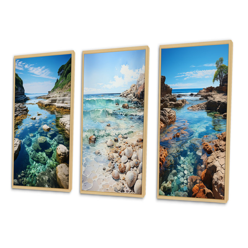 «Beach Photo Tranquil Tidepools», 3 pièces, Encadré naturel, H 40 po x l 60 po