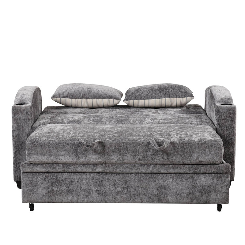 Pull out sofa bed with adjustable backrest, 2 pillows, cup holder, USB port, Gray Chenille