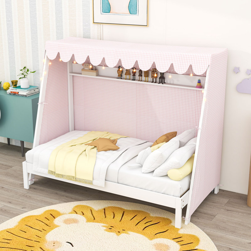 House Bed with Trundle, Tent, LED Lights and Shelf, White