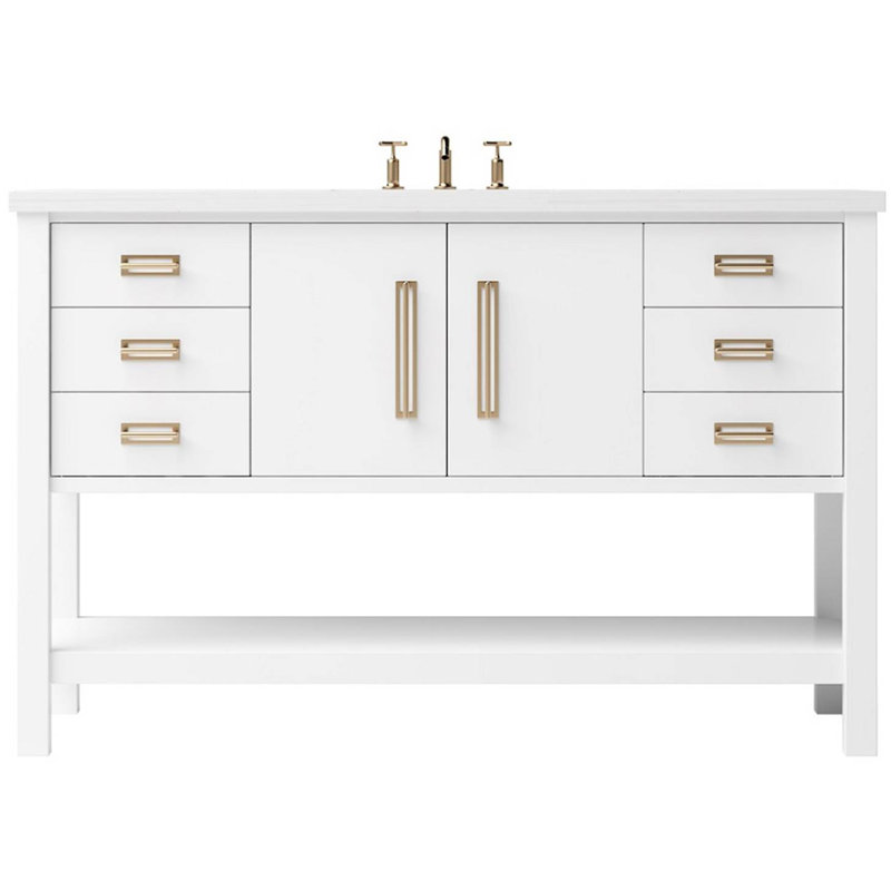 Meuble-lavabo simple très large Kiawah, Blanc pur, Or satiné, 60"
