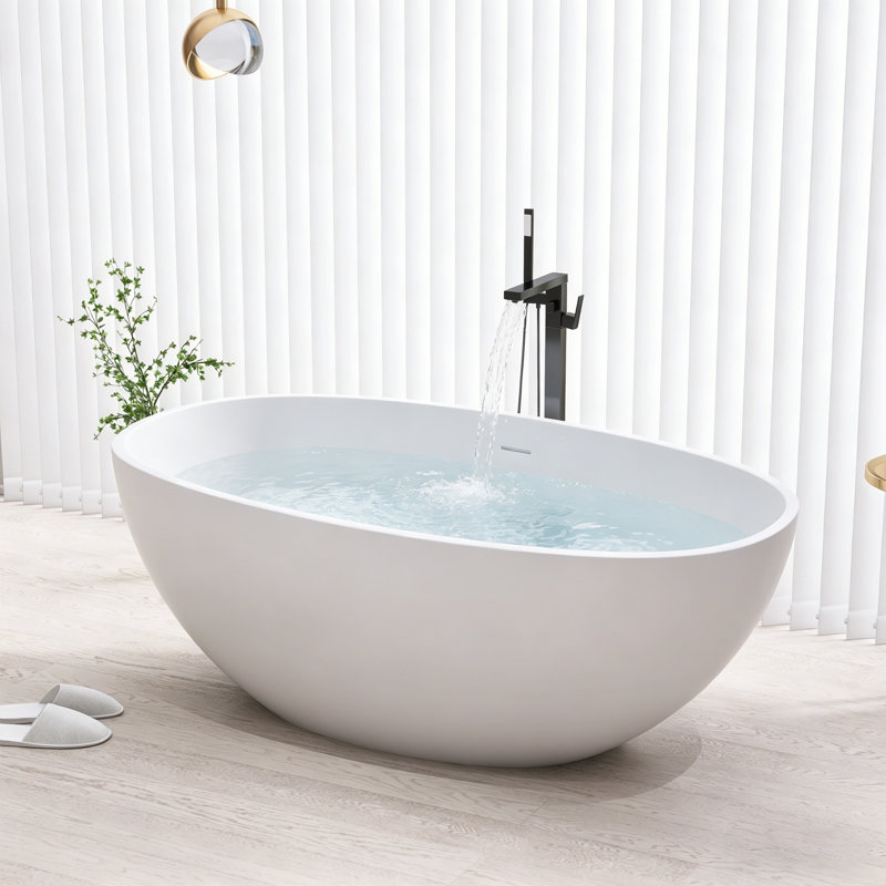 61" W Freestanding Solid Surface Soaking Bathtub With Drain