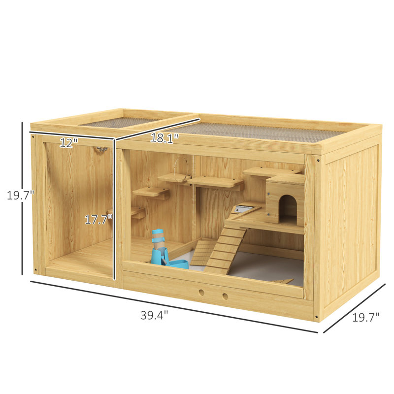 Grande enceinte de hamster - en bois, multicouche, avec balançoires à bascule, bouteille d'eau, plateau coulissant, plateau ouvert pour hamster nain et gerbille