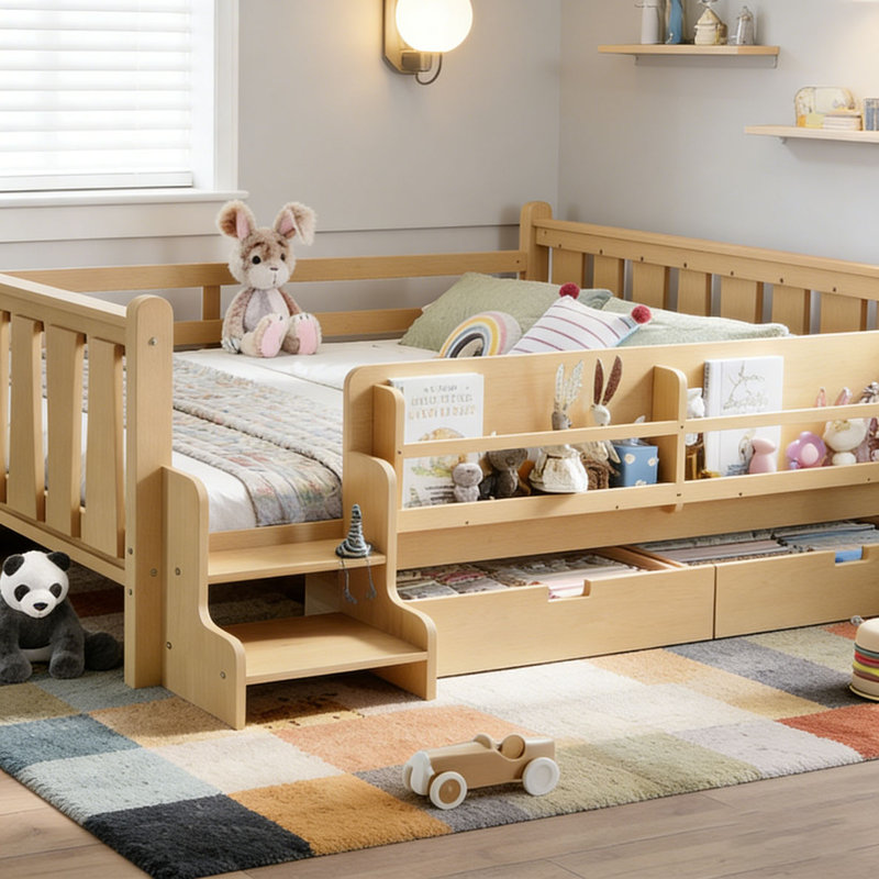 Floor Solid Wood Bed with Storage Bookcases with Cute Stairs and Guardrails, Full, Light Natural+Drawers, Bookcases+ Drawers