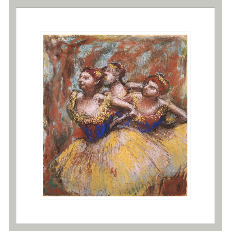 Three Dancers (Yellow Skupe Blue Blouses) par Edgar Degas, impression giclée encadrée, H 19,22 po x l 17,75 po