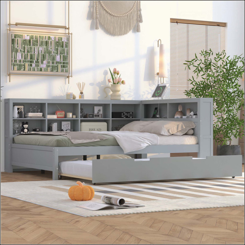 Wooden Daybed With Trundle, Daybed With Storage Shelf And USB Charging Ports, Full, Gray