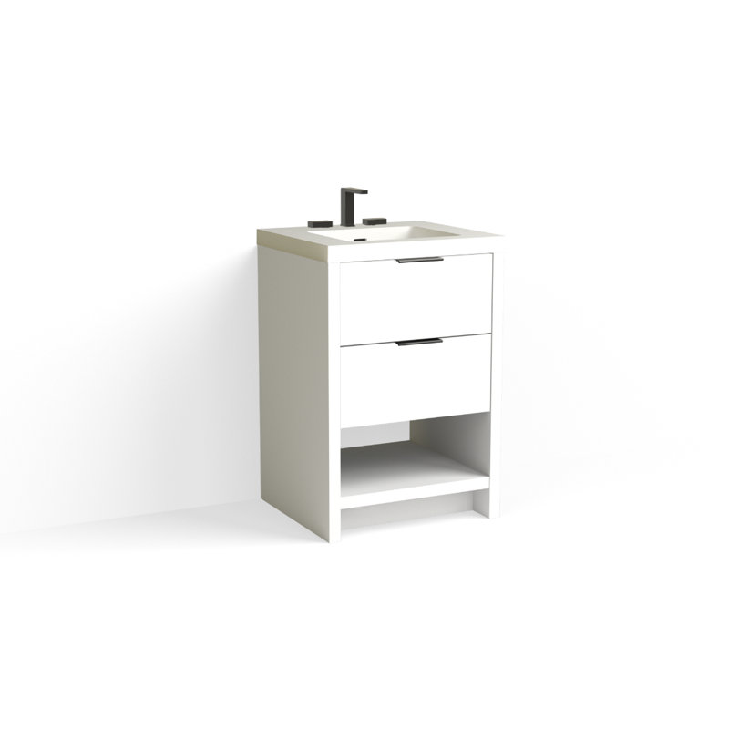 Vue 24" W Freestanding Single Bathroom Vanity, Glossy White/8" Widespread, White Nanomatte, Matte Black