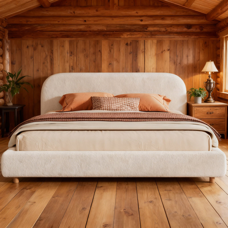 Lit plateforme tapissier avec lattes de bois Issabell, Grand, Blanc