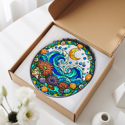 Toile colorée en verre coloré avec vagues de vagues et coquillages